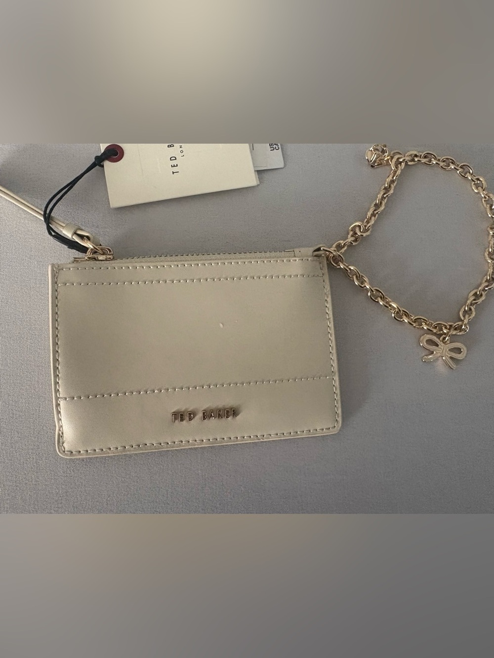 Ted Baker Cream Leather Mini Crossbody Card Wallet with Gold Chain